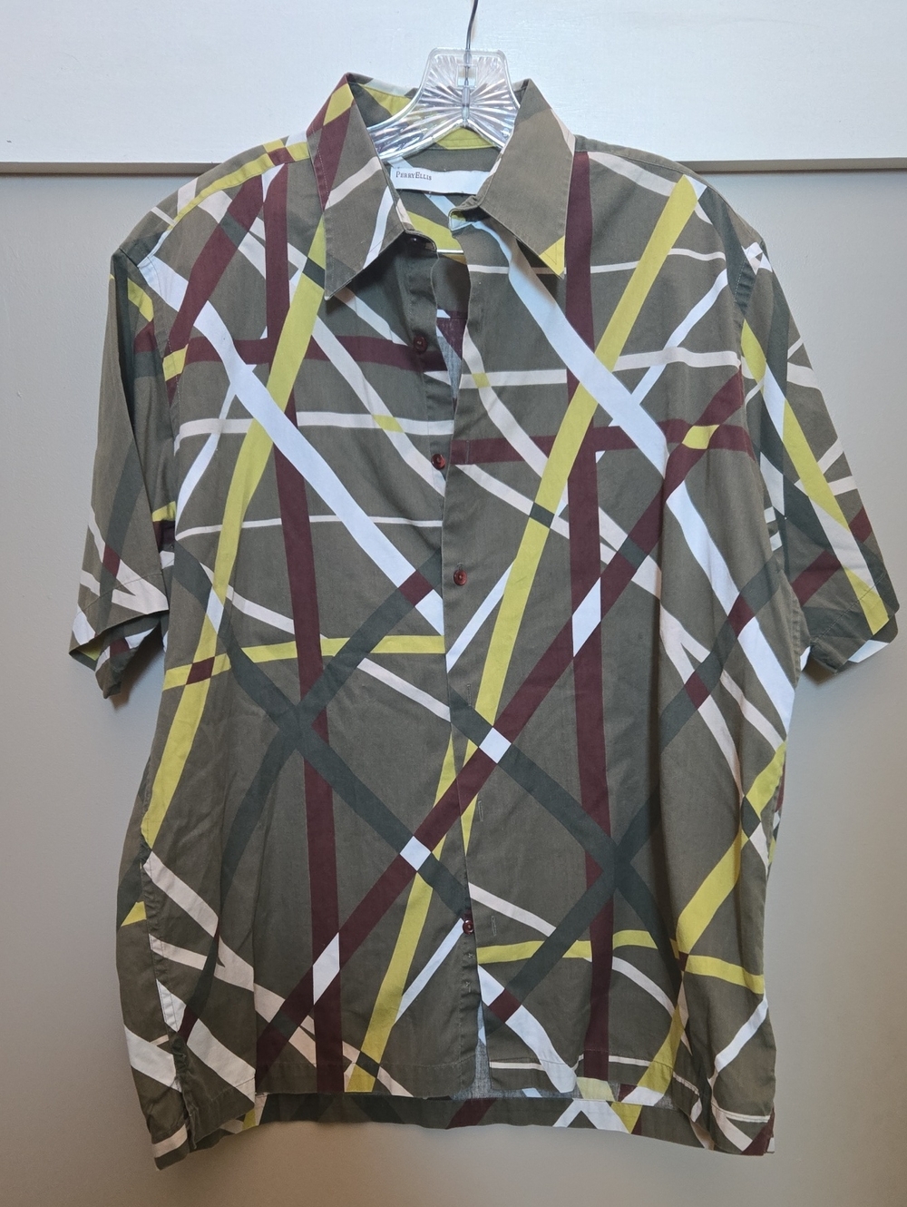 Perry Ellis Olive Short-Sleeve Button-Down with Yellow, White & Brown Stripes